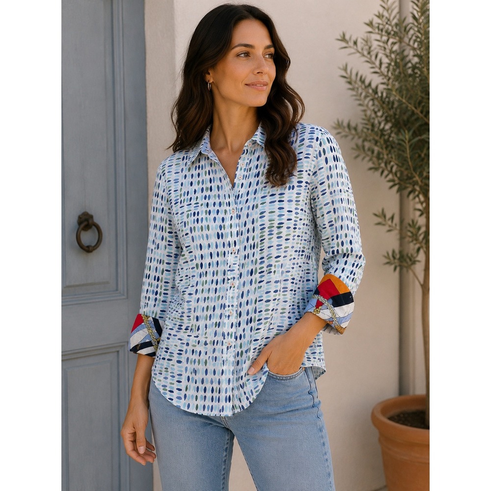 Tizzie Womens Blue Green Drop Print Cotton Button Down Shirt Nautical Cuff M